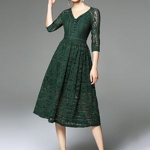 Metisu Green V Neckline Hollow Out Lace Dress